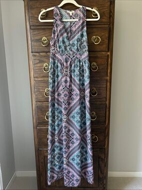 Freeway Pink & Teal Geometric Print Maxi Dress, Size S